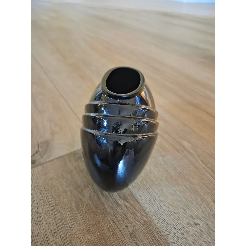 Two's Company 1983 Black Handblown Glass Vase Ribbed Art Deco 4